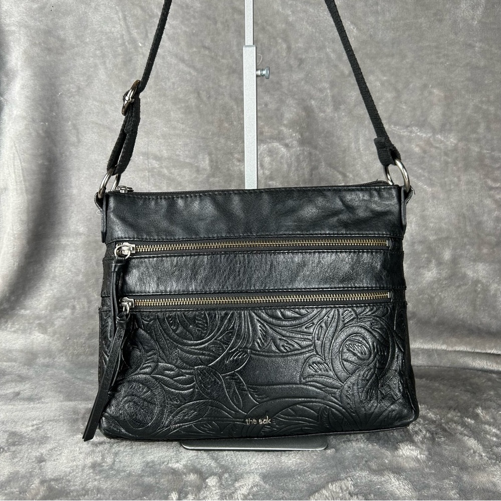The Sak Reseda Black‎ Leather Embossed Crossbody Bag Triple Zipper Bohemian